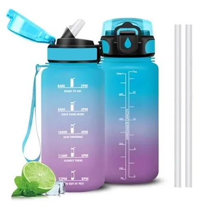 Produktbild von Trinkflasche 500ml Mujigaga, auslaufsicher mit Strohhalm, Zeitmarkierung, Büro
