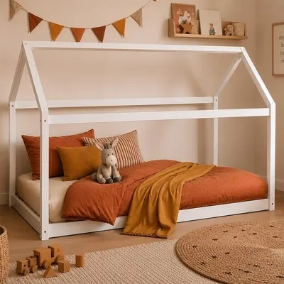 Produktbild von Homestyle4u Kinderbett 90x200 Hausbett Weiß mit Lattenrost Kinder Bett Haus Holz Kiefer