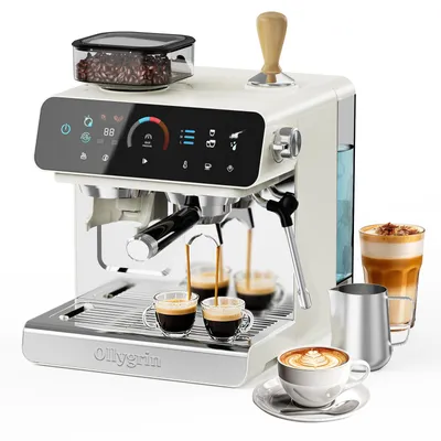 Produktbild von Ollygrin Espresso Siebträgermaschine mit Mahlwerk 20 Bar, 2-in-1 Espressomaschine Edelstahl, 19-Stufen Kegelmahlwerk, Milchaufschäumer, 2,8L Wassertan