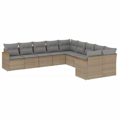 Produktbild von vidaXL 10-tlg. Garten-Sofagarnitur mit Kissen Beige Poly Rattan
