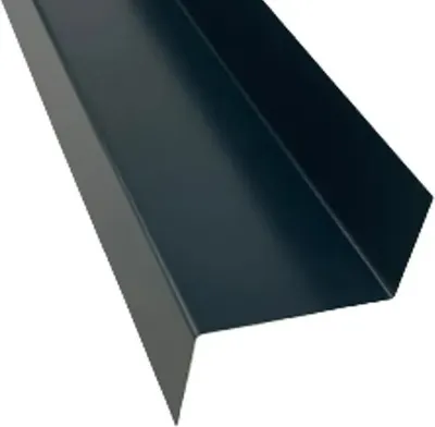 A dark gray metal profile piece, likely for construction or finishing, is shown against a white background.