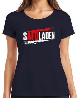 Obrázok produktu pre Tričko s nápisom "SAFDLADEN", kritika politiky strany AfD, satirický výrok, vtipné, sarkastické, modrá farba, veľkosť S