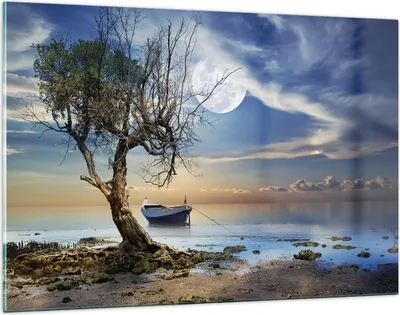 Produktbild von Bilder auf glas - Nacht Mond Boot - 120x80cm - Glasbilder - Wandbilder - Kunstdruck - zum Aufhängen bereit - Wanddekoration aus Glas - Glas Bilder - Wandbild auf Glas - Einteilig - GAA120x80-3457
