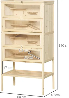 Zdjęcie produktu dla Klatka dla chomika PawHut z drewna 5 pięter, klatka dla gryzoni Nagarium, mała klatka dla zwierząt z kratką, rampy dachowe, drewniana klatka, klatka dla myszy, duża klatka dla chomików, chomiki karłowate 60 x 40 x 120 cm, naturalne drewno