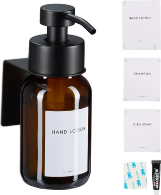 Produktbild von Relaxdays Seifenspender, 1er Pack, 250ml, Braunglas, Edelstahl, Wandseifenspender zum Kleben, ohne Bohren, braun/schwarz