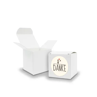 Produktbild von SET DANKE Hochzeitspaar (Motiv24) 24x Faltschachtel Würfel 5cm weiß + Sticker