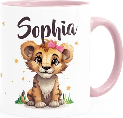 Produktbild von Kinder-Tasse Motiv Baby Löwin Name personalisierte Namenstasse für Mädchen mit Tiermotiv SpecialMe® weiss-innen-rosa standard