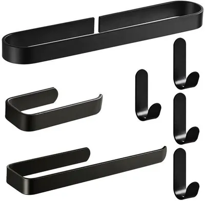 Image de Ensemble d'accessoires de salle de bain noir, ensemble de 7 pièces comprenant un porte-serviettes adhésif, un porte-papier toilette et un crochet de salle de bain