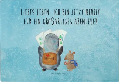 Produktbild von Mr. & Mrs. Panda Glas Schneideplatte Pinguin & Maus Wanderer - Eisblau - Geschenk, Frühstücksbrett, Schneidebrett, Roadtrip, Servierplatte, Hackbrett, Abenteuer, Wandern