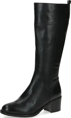 A black leather boot on a white background.