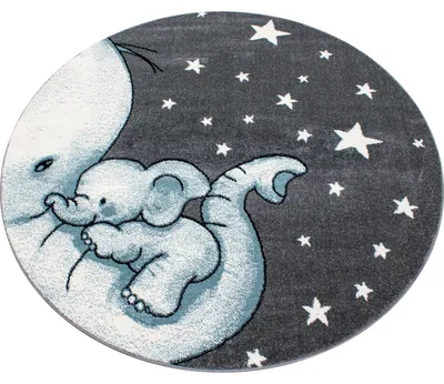 Productafbeelding van Ayyildiz Kinder- en babykleden Blauw 120 cm rond Kinderkleed met olifantenpatroon, blauwe, kinderkamerkleed met jute achterkant