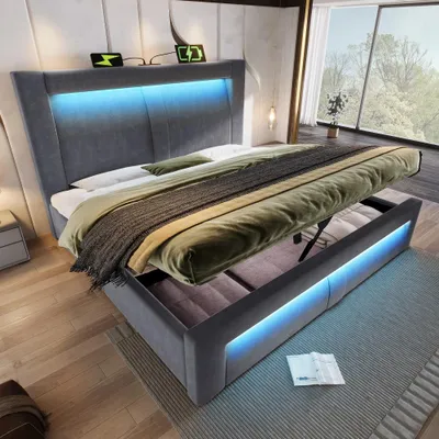 Obrázek produktu pro Postel s čalouněnou konstrukcí, rozměry 140x200 cm, s úložným prostorem, LED osvětlením a USB/Type-C porty, potah z veluru v šedé barvě, hydraulický rošt s prohnutou opěrkou