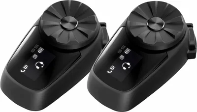 Two black motorcycle communication systems are shown against a white background.