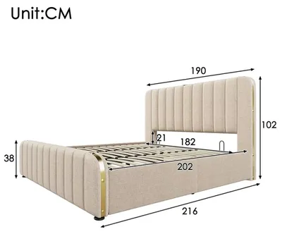 Productafbeelding van Bed – Gestoffeerd bedframe – 180 x 200 cm – Beige linnenstof – Opbergruimte – Hydraulisch hefmechanisme – Gestoffeerd hoofdeinde – USB Type-C