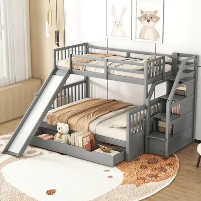 Image de OKWISH Lit superposé 90x200 / 140x200 cm - Lit Enfant avec Toboggan, 3 Tiroirs et Protection Antichute - Sans Matelas - Gris