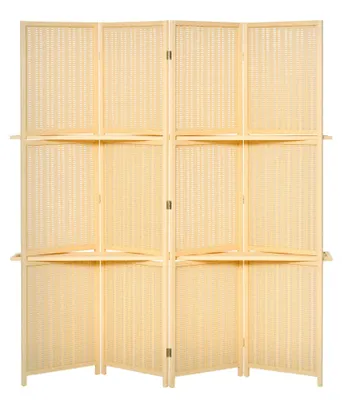 Obrázok produktu pre Rozdeľovač priestoru – 4-dielny, skladací – 180 x 180 cm – S odkladacím priestorom – Drevo a bambus – Ochrana pred pohľadom – Prírodné farby