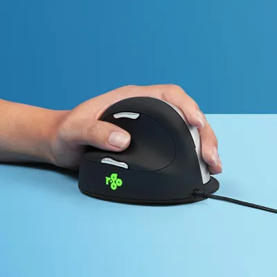 Produktbild von R-Go Maus HE ergonomisch links USB groß schw./silb