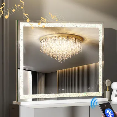 Produktbild von VANITII Hollywood Schminkspiegel 100cm x 80cm mit LED Beleuchtung 3 Lichtmodus Kristallen Bluetooth Kosmetikspiegel für Badzimmer Schminktisch Weiß