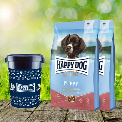 Produktbild von Happy Dog Sensible Puppy Lachs & Kartoffel 2 x 10 kg + Happy Dog Futtertonne 43 Liter geschenkt