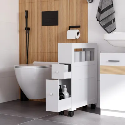 Produktbild von Nischenschrank Bad Rollwagen mit 2 Schubladen & Ablage | 71,5 x 16 x 52 cm schmaler Badschrank für WC | Platzsparender Beistellschrank auf Rollen | Weiß