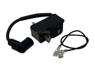 A black ignition coil with attached wires and a spark plug cap, isolated on a white background.