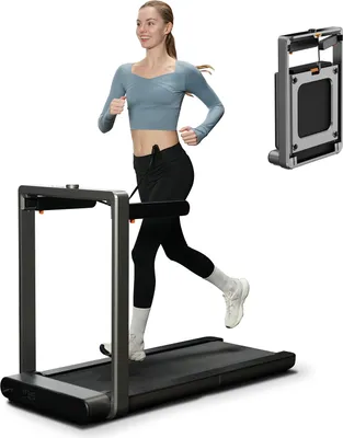 A woman is running on a treadmill, with a folded treadmill shown in the background.
