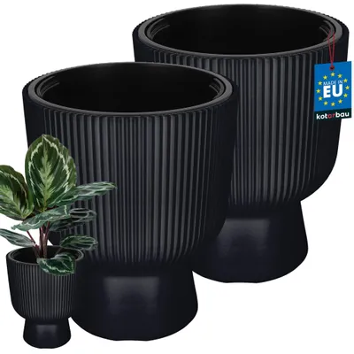 Produktbild von KOTARBAU® 2er Set Blumentopf ⌀ 29cm Orchideentopf Übertopf mit Innentopf Pflanzentopf mit Sockel Geriffelt Kelchform Pflanzkübel aus Kunststoff Anthrazit