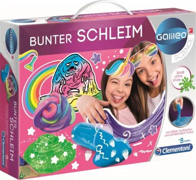 The image shows the packaging of a children's slime making kit, featuring cartoon characters and two happy girls. The packaging is colorful and decorated with slime-related graphics and text.