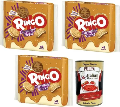 Produktbild von 3x Ringo Caramel Twist Limited Edition Biscotti,Kekse gefüllt mit gesalzener Karamellcreme 165g Packung, jede Packung enthält 6 Einzelportionen + Italian Gourmet Polpa di Pomodoro 400g Dose