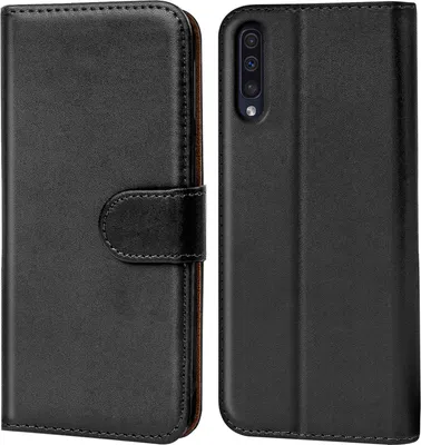 A black flip case for a smartphone is shown from the front and back.