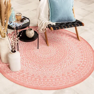 Produktbild von In- & Outdoor Teppich Rund - Summer Azteca Rosa - Ø 120cm - Boho, Ländlich, Modern - Balkon, Garten / Terrasse -  FRAAI | Home & Living