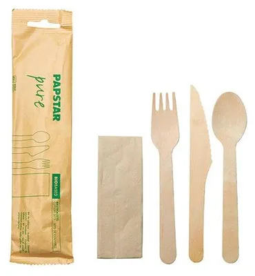Image de Set de couverts, bois "pur" : couteau, fourchette, cuillère, serviette en papier