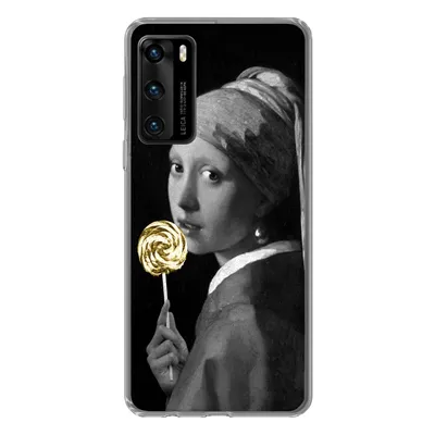 Produktbild von MuchoWow® Handyhülle Schutzhülle Hülle für Huawei P40 Mädchen mit Perlenohrring - Lollipop - Schwarz und Gold Silikon Softcase Handy Hülle - Handytasche