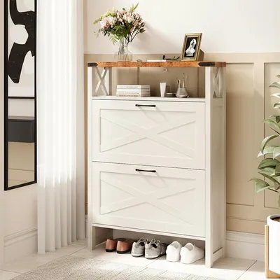 Immagine prodotto di Armadio portascarpe FCH con 2 ante e 1 ripiano aperto, scaffale portascarpe per ingresso, corridoio, soggiorno, 80 x 25 x 115 cm, bianco