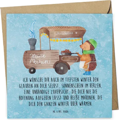 Produktbild von Mr. & Mrs. Panda Klappkarte Igel Maronen - Eisblau - Geschenk, Weihnachtsmarkt, Kastanien, doppelkarte, anlasskarte, Duft, Glückwunschkarte, Grußkarte, Weihnachten