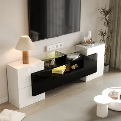 Produktbild von Odikalo TV-Schrank Wohnzimmermöbel niedriges Panel Hochglanz-Weiß+Schwarz 200 cm