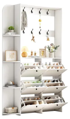 Produktbild von Garderoben Set Wandgarderobe mit Schuhschrank und 8 Haken, Flurgarderobe Set mit offenem Lagerregal, Weiß