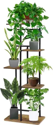 Image de Support à fleurs en bois - Support pour plantes d'intérieur et d'extérieur - 5 niveaux