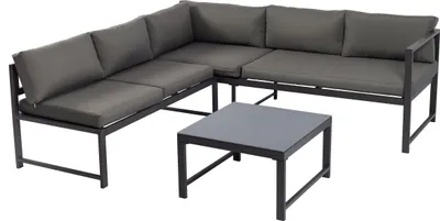 Produktbild von TPFGarden LOUNGESET Tamworth - Sitzgruppe mit Ecksofa und Loungetisch, Aluminium grau, Tisch mit Glasplatte grau. Mit Polstern grau, Bezüge 100% Polyester. Ein Sofa mit Liegefunktion. BxTxH: 192x188x63 cm