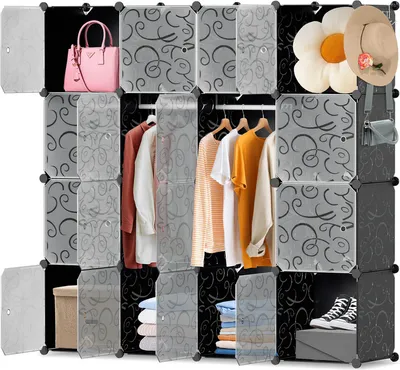 Image de Aopunly DIY Armoire à vêtements Système d'étagères à chaussures 16 cubes Portemanteau en plastique, 140x140x35cm noir et blanc