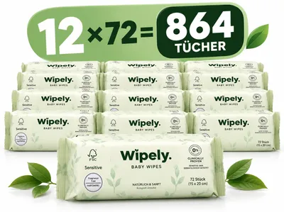 Produktbild von Wipely Baby Feuchttücher Sensitive 12er Set (864 Stück) 99% Wasser, Ohne Parfum & Alkohol, getestet, Biologisch abbaubar, recycelbar