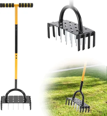 Obrázek produktu pro Clanmacy Provzdušňovač trávníku 2 v 1 Zahradní hrablo Ruční provzdušňovač s ergonomickou rukojetí ve tvaru T Hrablo na plevel Ideální pro zdravý trávník