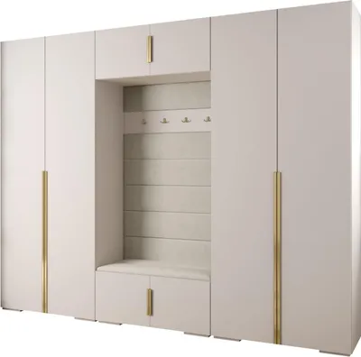 A modern, minimalist hallway storage unit with a bench.