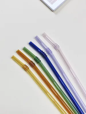 Produktbild von Glasstrohhalme gebogen 6er-Set Trinkhalm mit Bürste bunt 20cm x 8mm