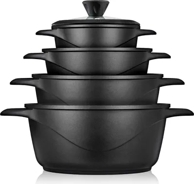 Produktbild von Briebe MGK12S Kochtopf Set Induktions 8-Teilig Aluminiumguss 4 Kochtöpfen  4 Glasdeckel Schwarz