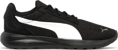A studio shot of a single black Puma sneaker with a white stripe.