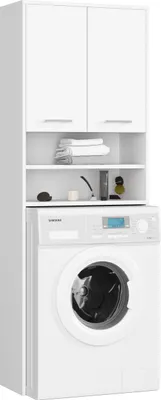 Produktbild von Waschmaschinen-Badezimmerschrank - 64 cm breit, 180 cm hoch, Sonoma-Weiß Hochglanz - Hochwertige laminierte Platte, mit 4 Regalen, Silbergriffe