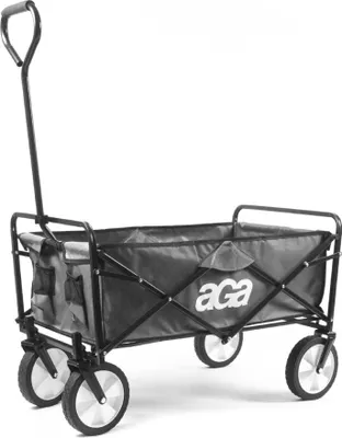 A black foldable garden wagon with silver wheels and a gray fabric body, shown from a diagonal front-side view against a white background.