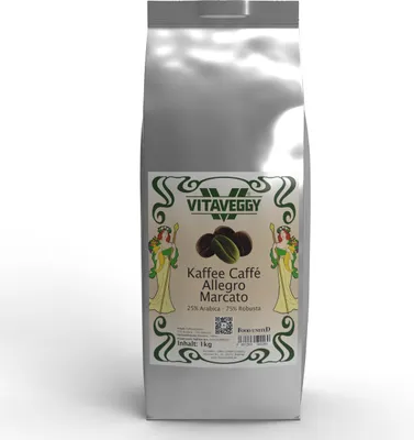 Produktbild von VITAVEGGY ALLEGRO MARCATO ganze Robusta & Arabica Kaffeebohnen 12x1KG 75% - 25% Espresso-Mischung Blend, Rohkaffee Südasien & Südamerika, Röstung in Deutschland, von Food-United, für Espresso-Kaffee-Crema Filterkaffee Latte Macchiato Cold Brew Coffee und