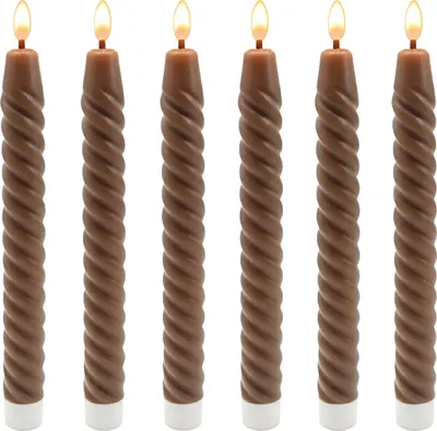 Obrázok produktu pre Relaxdays LED tyčové sviečky, sada 6 ks, V x H: 25 x 2 cm, blikajúci plameň, pravý vosk, stočené, sviečky bez plameňa, farba: kávová